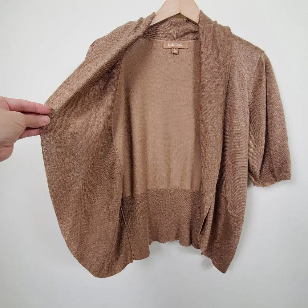 Ellen Tracy Cropped Open Front Cardigan Women Size L Tan Golden Brown